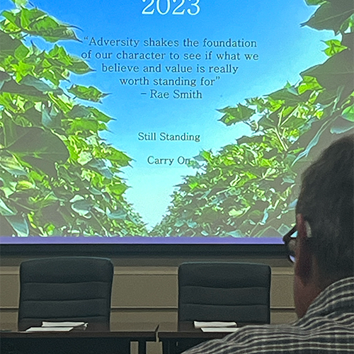 Every year, the Texas A&M AgriLife Lubbock Center cotton breeding program chooses a theme to work by for the year. Carol Kelly, research scientist in the program, presented this as the theme during a challenging year for breeding research in 2023.