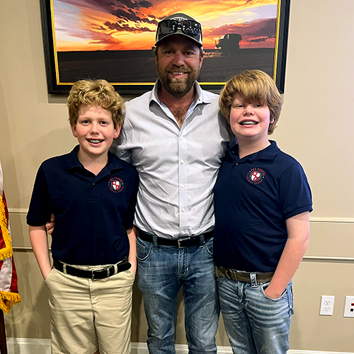 Plains Cotton Improvement Committee member Jonathan James, producer in Crosby and Floyd Counties, brought his fifth-grade boys Jax (left) and Hudson (right) to see science in action. The two boys had just competed in a science fair with projects of their own, both focused on cotton emergence!